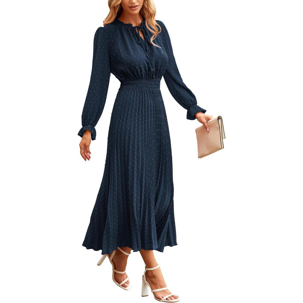 imagePRETTYGARDEN Womens 2026 Spring Fall Midi Dress Casual Long Sleeve V Neck Swiss Dot Pleated A Line Flowy DressesNavy