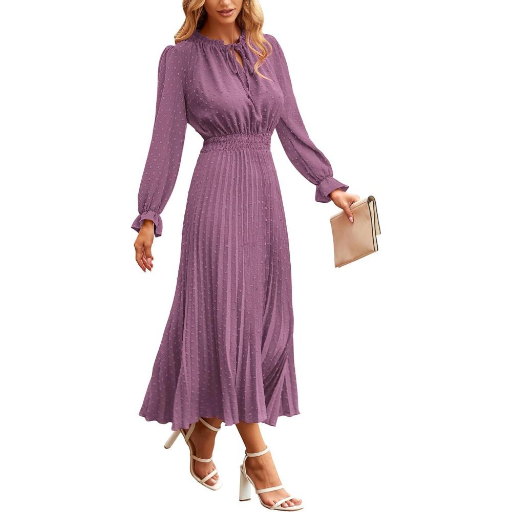 imagePRETTYGARDEN Womens 2026 Spring Fall Midi Dress Casual Long Sleeve V Neck Swiss Dot Pleated A Line Flowy DressesPurple