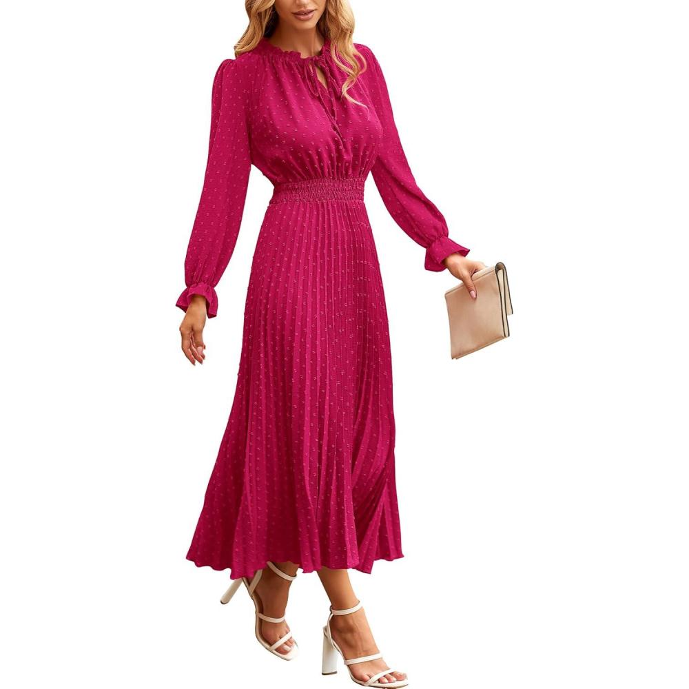 imagePRETTYGARDEN Womens 2026 Spring Fall Midi Dress Casual Long Sleeve V Neck Swiss Dot Pleated A Line Flowy DressesRose Red