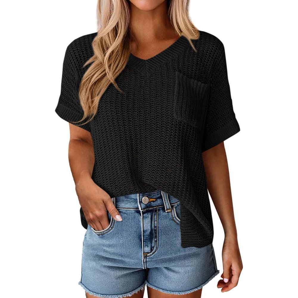 imagePRETTYGARDEN Womens 2026 Spring Short Sleeve Sweaters Lightweight V Neck Casual Going Out Summer Tops Beach Vacation ClothesBlack