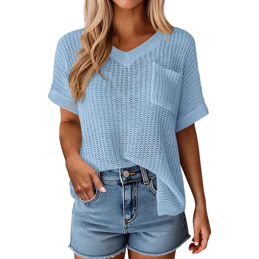 imagePRETTYGARDEN Womens 2026 Spring Short Sleeve Sweaters Lightweight V Neck Casual Going Out Summer Tops Beach Vacation ClothesBlue