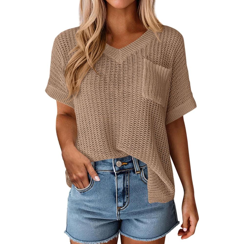 imagePRETTYGARDEN Womens 2026 Spring Short Sleeve Sweaters Lightweight V Neck Casual Going Out Summer Tops Beach Vacation ClothesKhaki