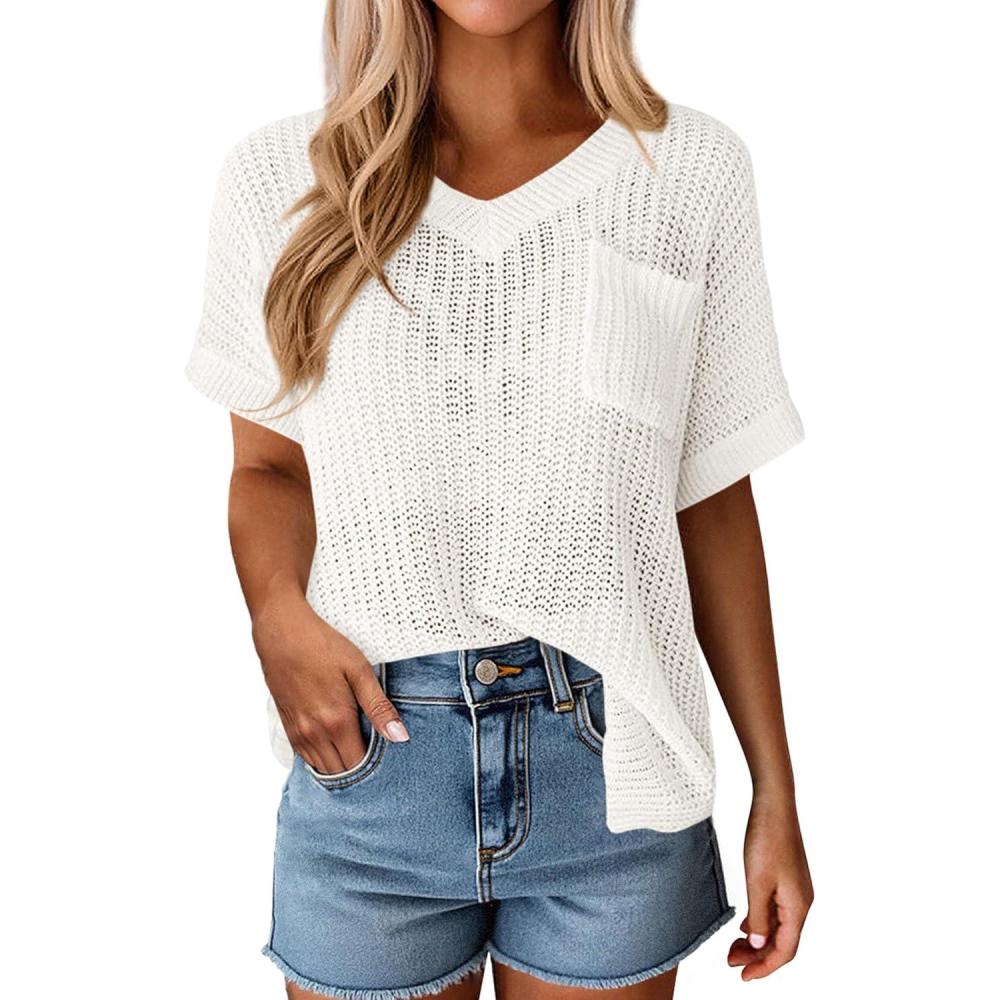 imagePRETTYGARDEN Womens 2026 Spring Short Sleeve Sweaters Lightweight V Neck Casual Going Out Summer Tops Beach Vacation ClothesWhite