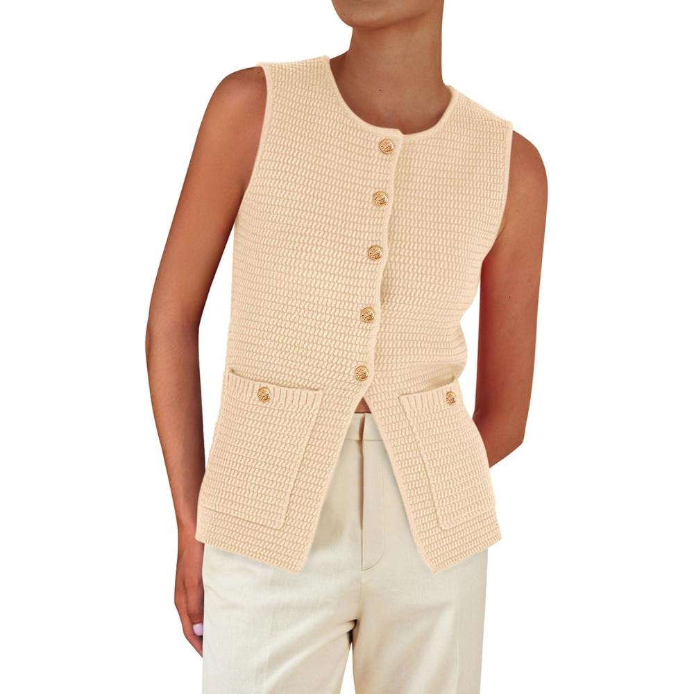 imagePRETTYGARDEN Womens 2026 Spring Sweater Vest Sleeveless Button Down Knit Cardigan Tank Tops Summer Business Casual OutfitsApricot