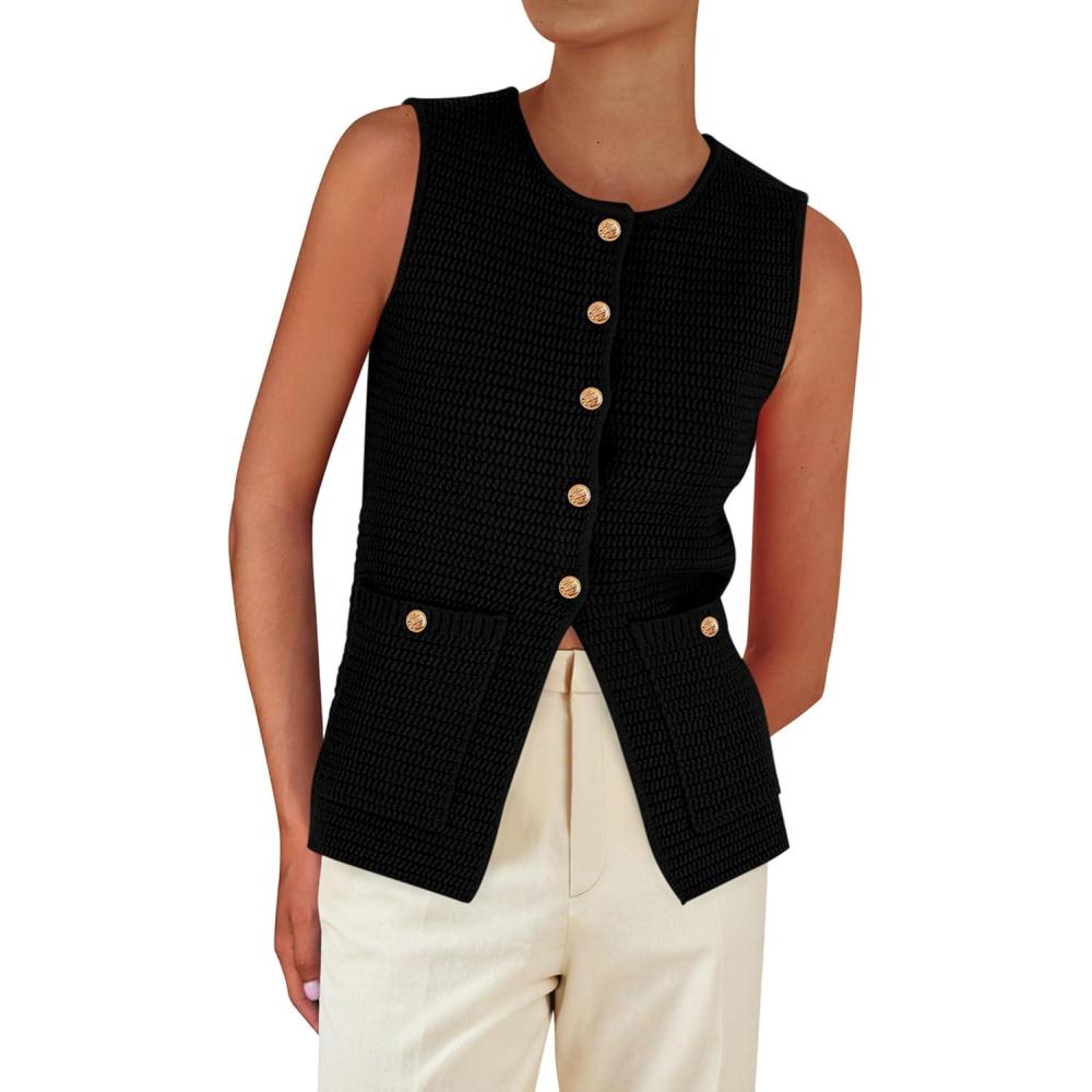 imagePRETTYGARDEN Womens 2026 Spring Sweater Vest Sleeveless Button Down Knit Cardigan Tank Tops Summer Business Casual OutfitsBlack