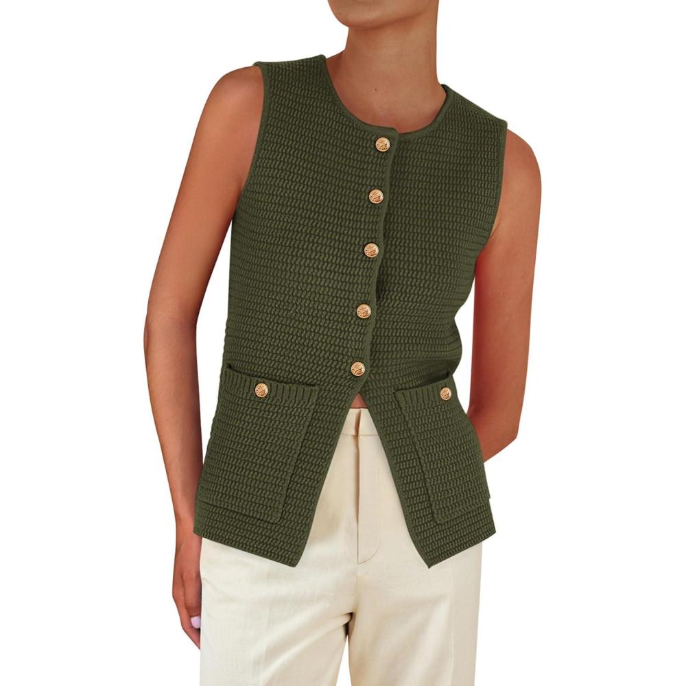 imagePRETTYGARDEN Womens 2026 Spring Sweater Vest Sleeveless Button Down Knit Cardigan Tank Tops Summer Business Casual OutfitsGreen