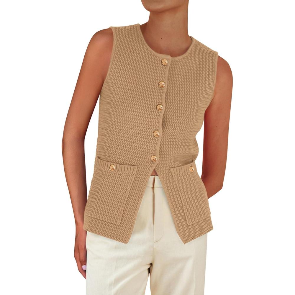imagePRETTYGARDEN Womens 2026 Spring Sweater Vest Sleeveless Button Down Knit Cardigan Tank Tops Summer Business Casual OutfitsKhaki
