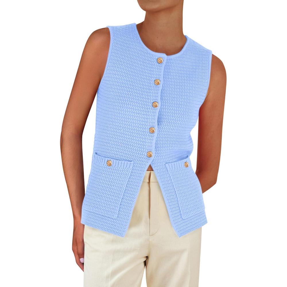 imagePRETTYGARDEN Womens 2026 Spring Sweater Vest Sleeveless Button Down Knit Cardigan Tank Tops Summer Business Casual OutfitsLight Blue