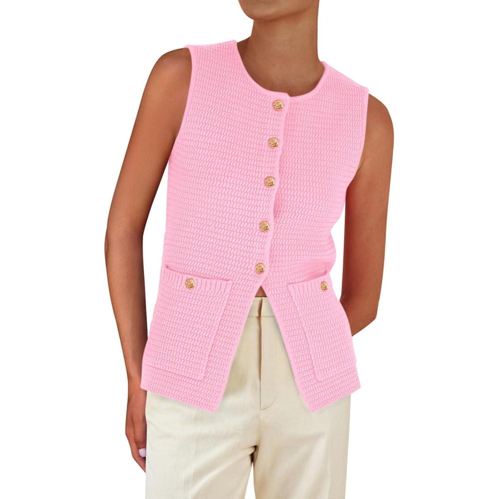 imagePRETTYGARDEN Womens 2026 Spring Sweater Vest Sleeveless Button Down Knit Cardigan Tank Tops Summer Business Casual OutfitsLight Pink