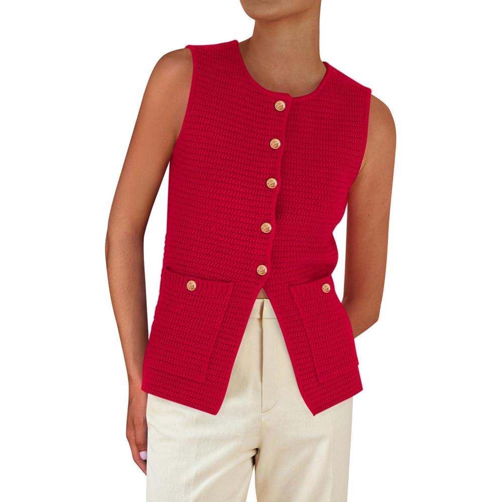 imagePRETTYGARDEN Womens 2026 Spring Sweater Vest Sleeveless Button Down Knit Cardigan Tank Tops Summer Business Casual OutfitsRed