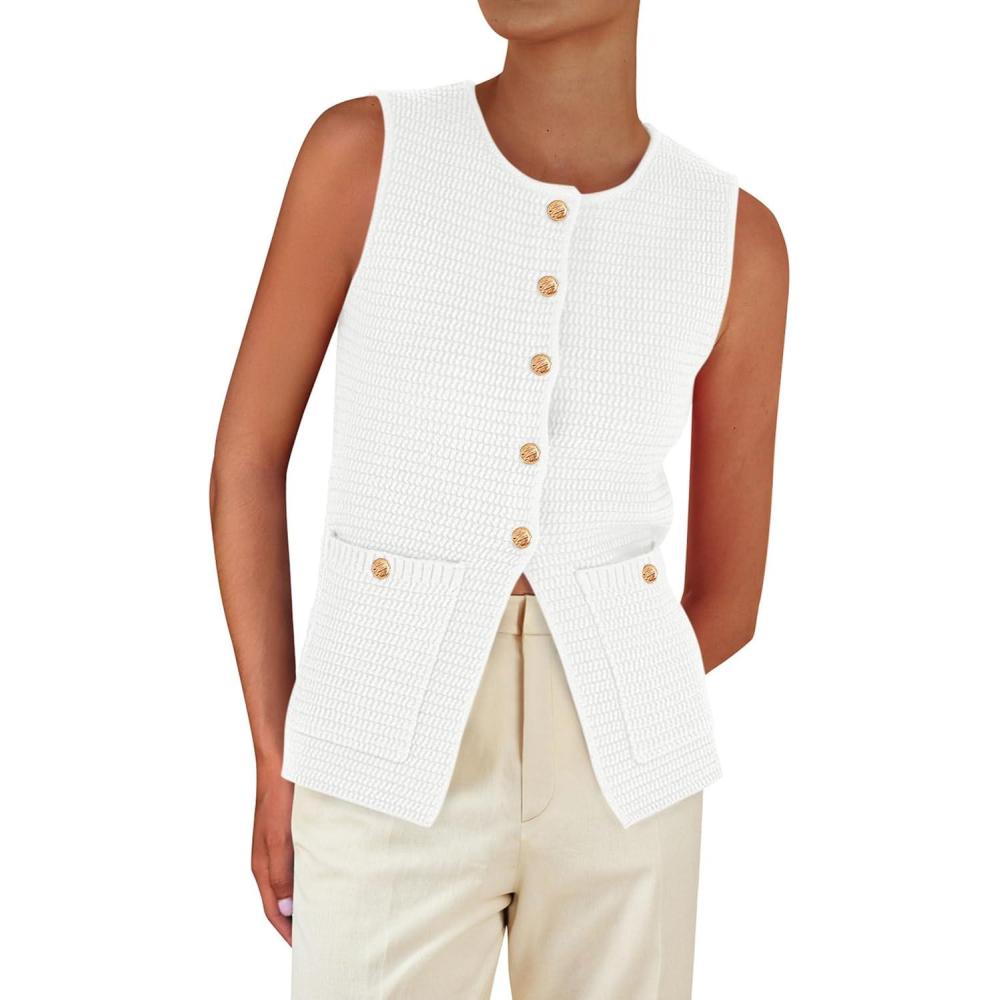 imagePRETTYGARDEN Womens 2026 Spring Sweater Vest Sleeveless Button Down Knit Cardigan Tank Tops Summer Business Casual OutfitsWhite