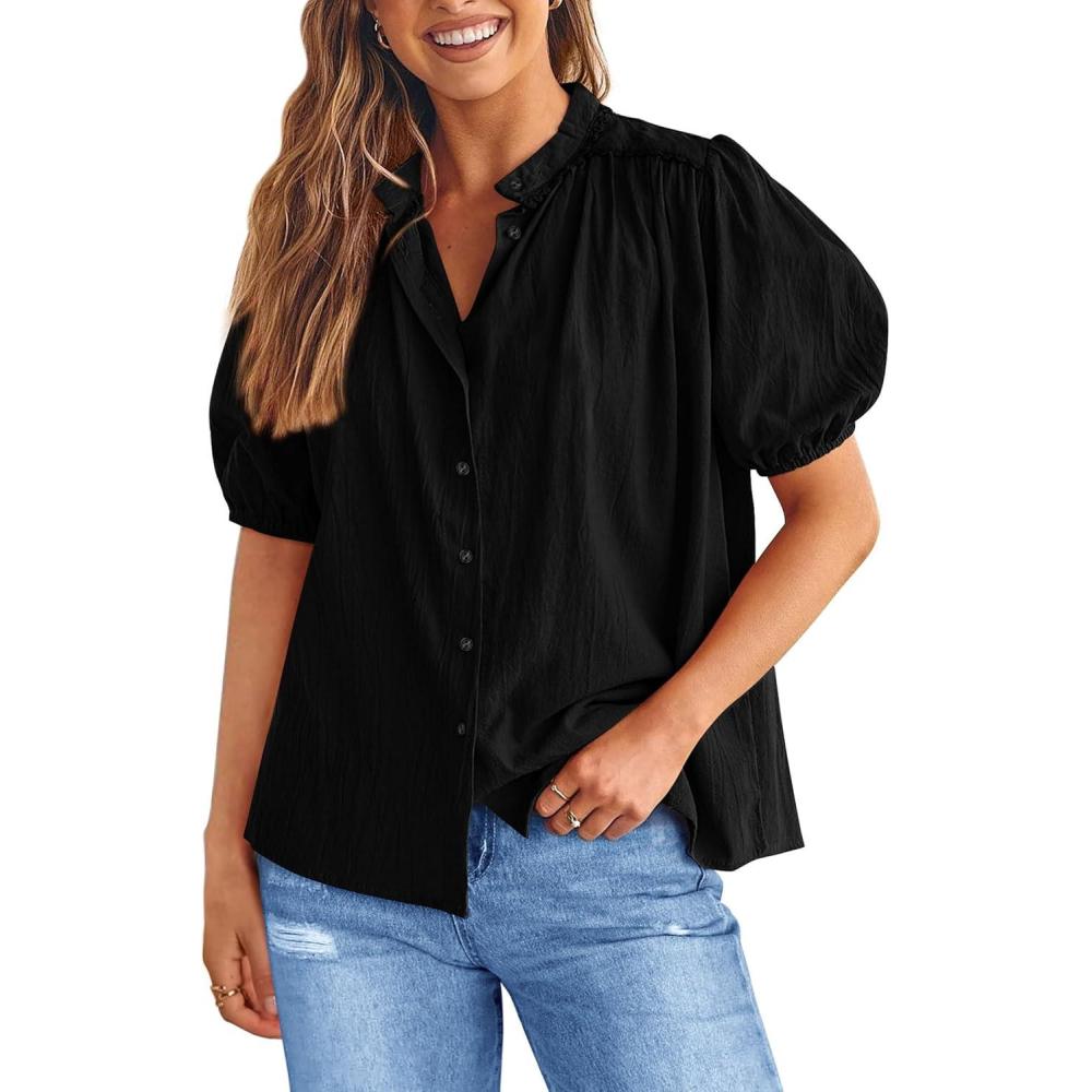 imagePRETTYGARDEN Womens 2026 Summer Button Down Shirts Short Lantern Sleeve V Neck Cotton Cute Tops Dressy Casual BlousesBlack