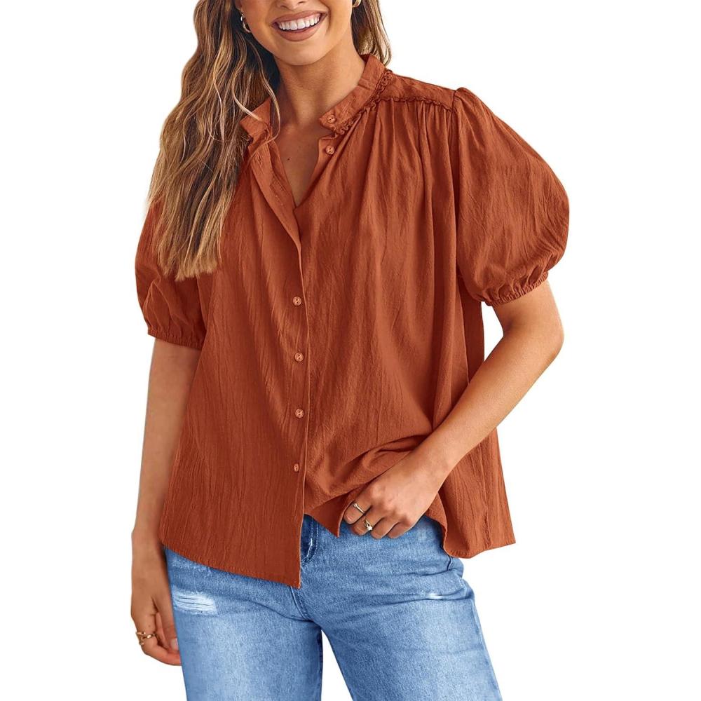 imagePRETTYGARDEN Womens 2026 Summer Button Down Shirts Short Lantern Sleeve V Neck Cotton Cute Tops Dressy Casual BlousesBrick Red