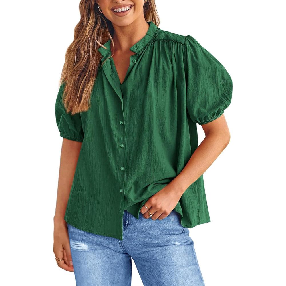 imagePRETTYGARDEN Womens 2026 Summer Button Down Shirts Short Lantern Sleeve V Neck Cotton Cute Tops Dressy Casual BlousesDark Green