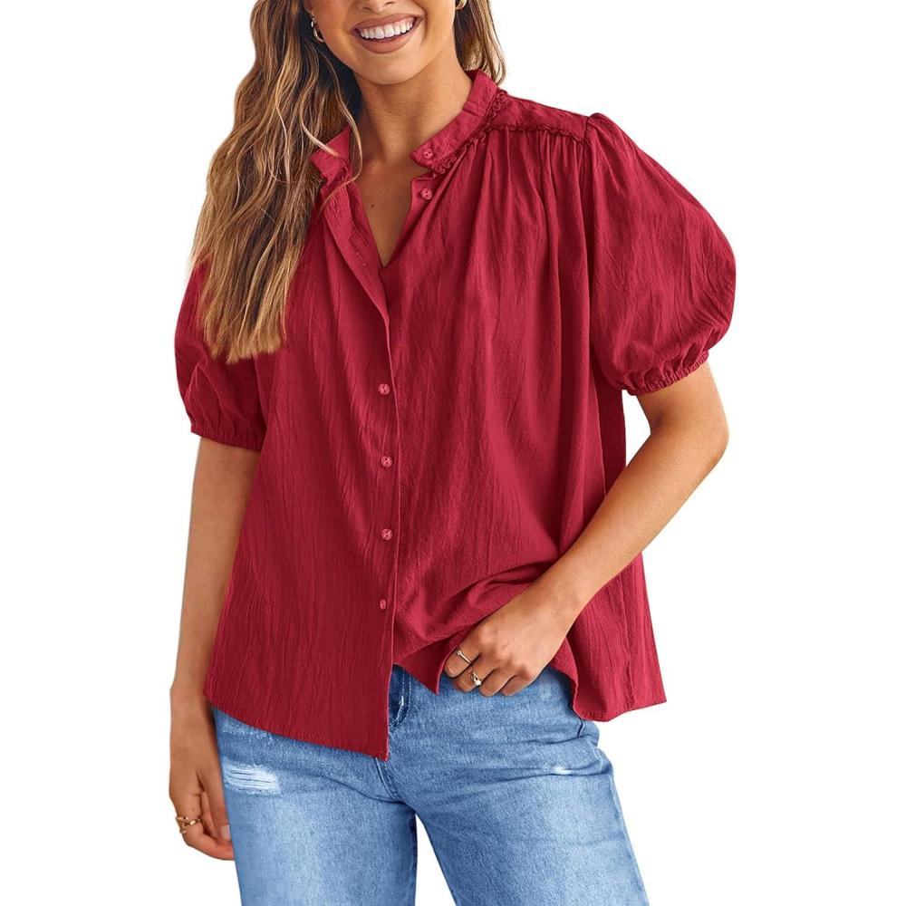 imagePRETTYGARDEN Womens 2026 Summer Button Down Shirts Short Lantern Sleeve V Neck Cotton Cute Tops Dressy Casual BlousesDark Red