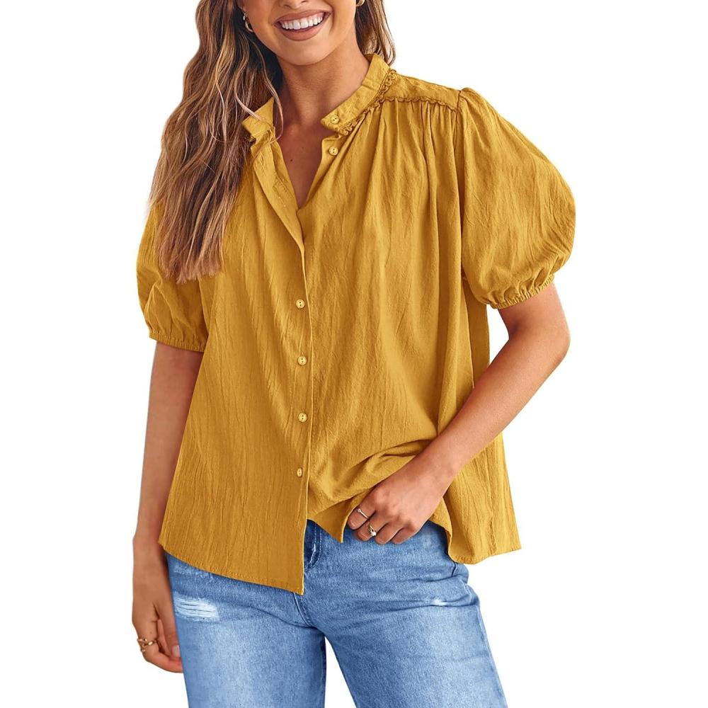 imagePRETTYGARDEN Womens 2026 Summer Button Down Shirts Short Lantern Sleeve V Neck Cotton Cute Tops Dressy Casual BlousesTurmeric