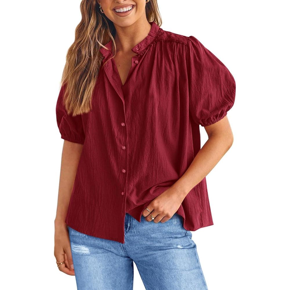 imagePRETTYGARDEN Womens 2026 Summer Button Down Shirts Short Lantern Sleeve V Neck Cotton Cute Tops Dressy Casual BlousesWine Red