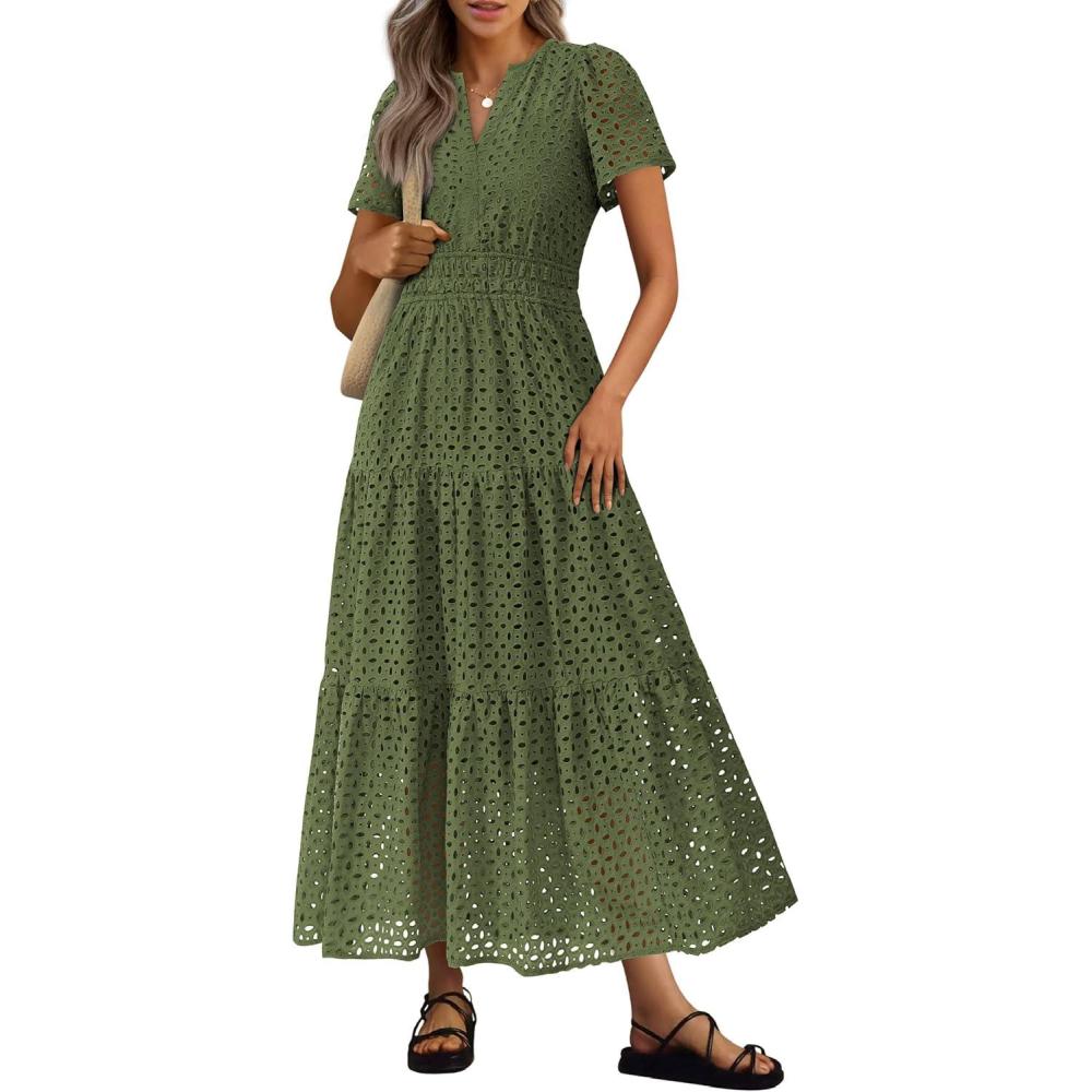 imagePRETTYGARDEN Womens 2026 Summer Maxi Dress Short Sleeve V Neck Hollow Out Eyelet A Line Long Flowy Beach Vacation DressesArmy Green