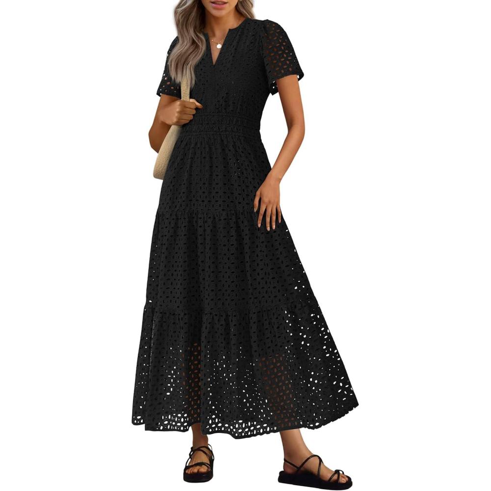 imagePRETTYGARDEN Womens 2026 Summer Maxi Dress Short Sleeve V Neck Hollow Out Eyelet A Line Long Flowy Beach Vacation DressesBlack