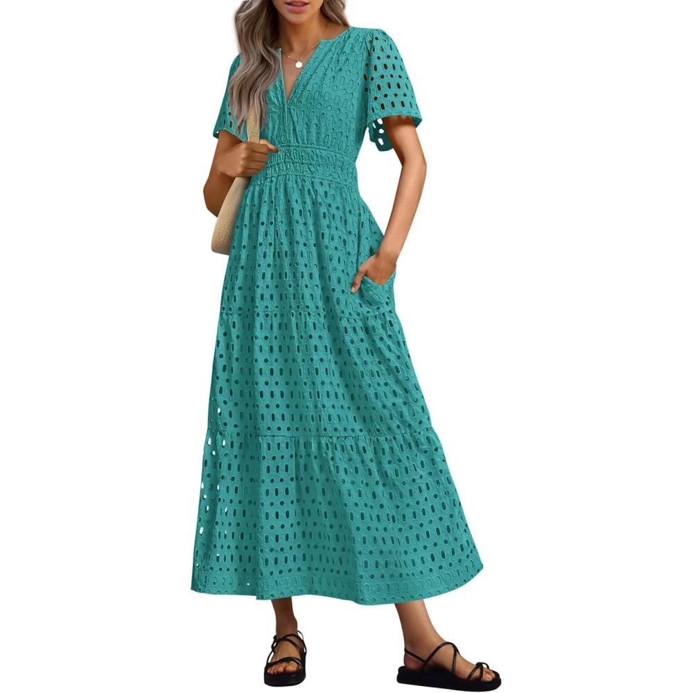 imagePRETTYGARDEN Womens 2026 Summer Maxi Dress Short Sleeve V Neck Hollow Out Eyelet A Line Long Flowy Beach Vacation DressesBlue Green
