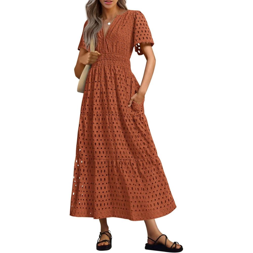 imagePRETTYGARDEN Womens 2026 Summer Maxi Dress Short Sleeve V Neck Hollow Out Eyelet A Line Long Flowy Beach Vacation DressesBrick Red