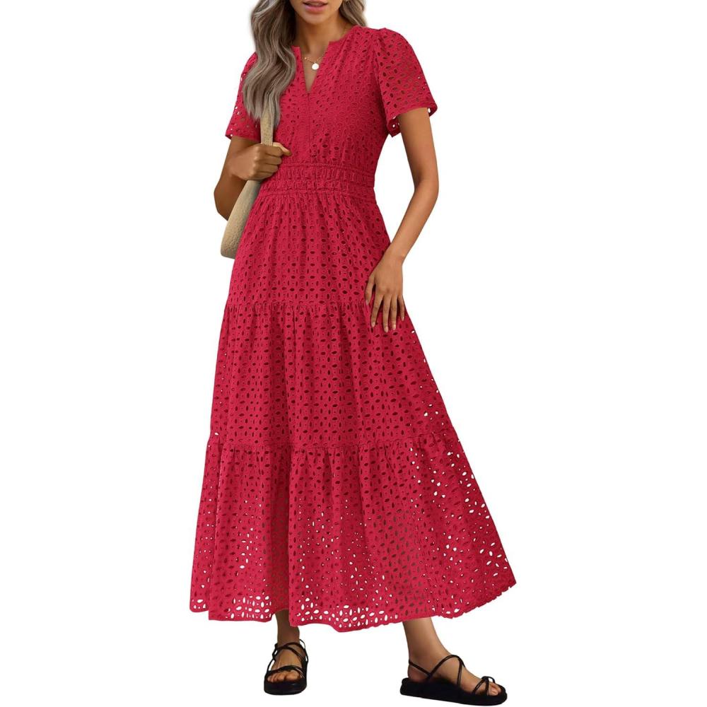 imagePRETTYGARDEN Womens 2026 Summer Maxi Dress Short Sleeve V Neck Hollow Out Eyelet A Line Long Flowy Beach Vacation DressesRed
