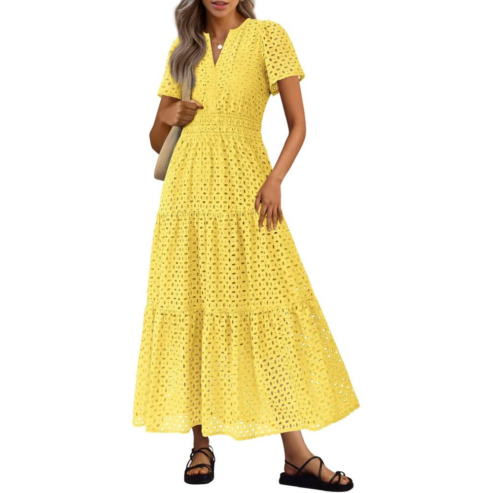 imagePRETTYGARDEN Womens 2026 Summer Maxi Dress Short Sleeve V Neck Hollow Out Eyelet A Line Long Flowy Beach Vacation DressesYellow