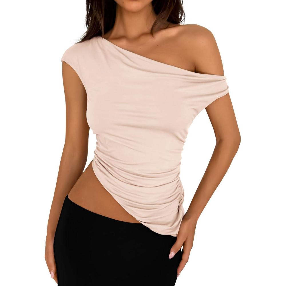 imagePRETTYGARDEN Womens 2026 Summer Off The Shoulder Crop Tops Sleeveless One Shoulder Ruched Asymmetrical Y2K Going Out Tank TopBeige