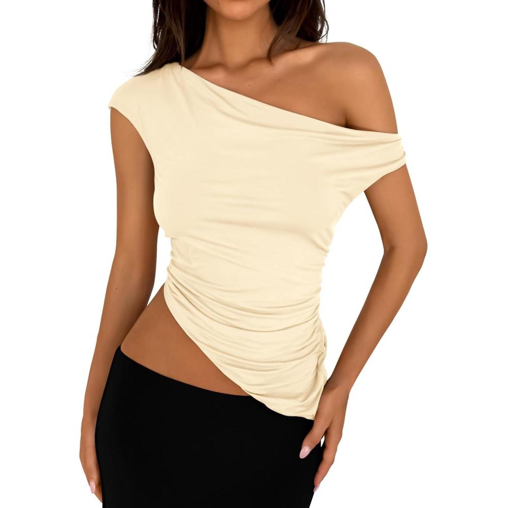 imagePRETTYGARDEN Womens 2026 Summer Off The Shoulder Crop Tops Sleeveless One Shoulder Ruched Asymmetrical Y2K Going Out Tank TopBeige Yellow