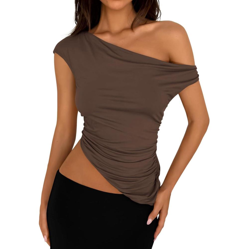 imagePRETTYGARDEN Womens 2026 Summer Off The Shoulder Crop Tops Sleeveless One Shoulder Ruched Asymmetrical Y2K Going Out Tank TopCoffee