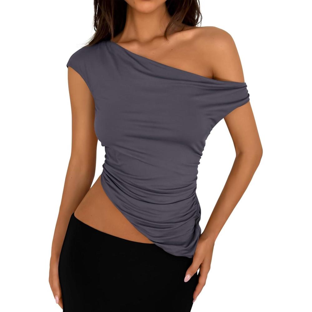 imagePRETTYGARDEN Womens 2026 Summer Off The Shoulder Crop Tops Sleeveless One Shoulder Ruched Asymmetrical Y2K Going Out Tank TopDark Grey