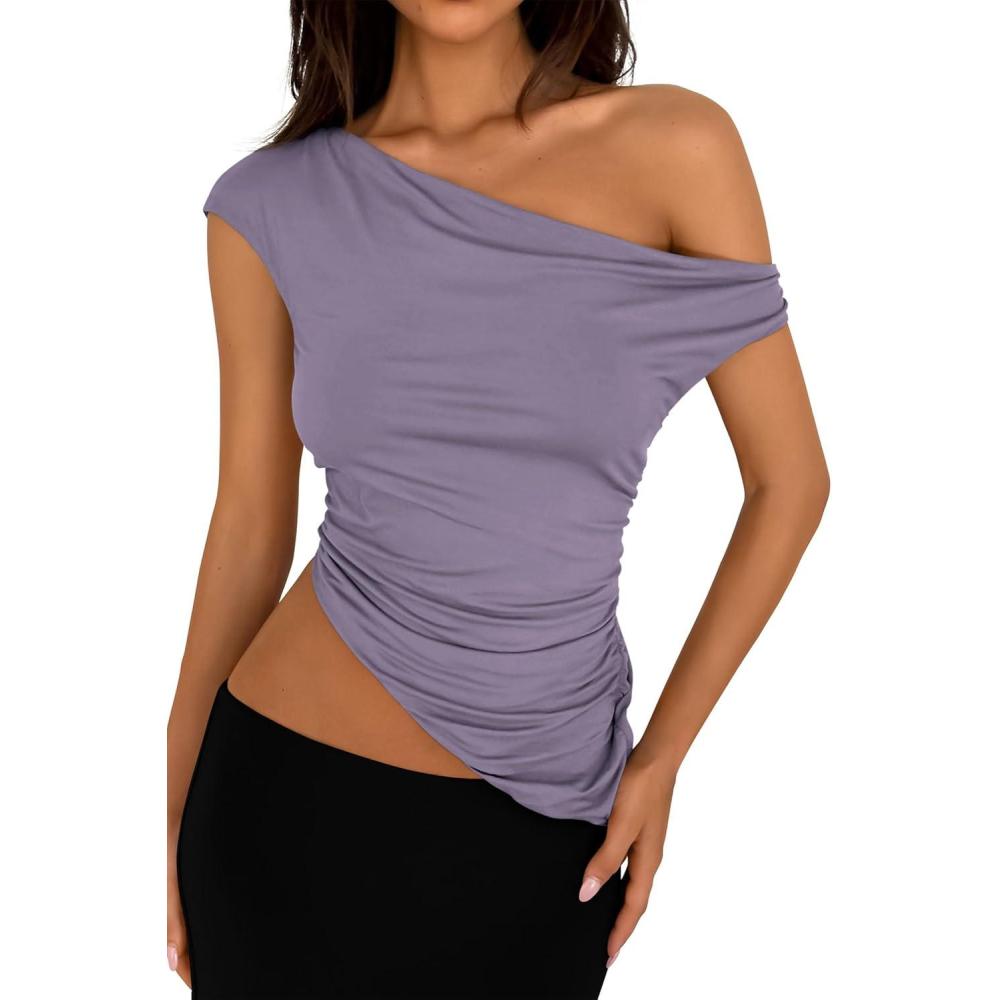 imagePRETTYGARDEN Womens 2026 Summer Off The Shoulder Crop Tops Sleeveless One Shoulder Ruched Asymmetrical Y2K Going Out Tank TopDusty Violet
