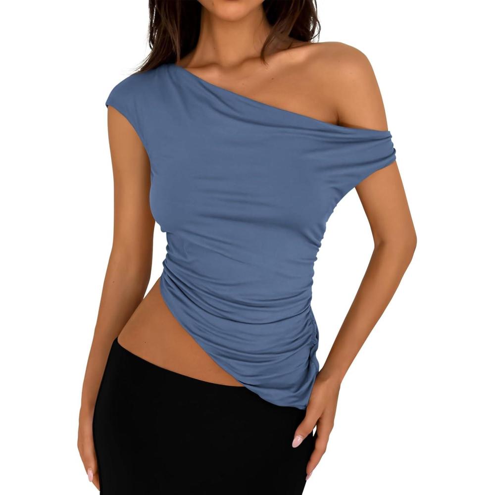 imagePRETTYGARDEN Womens 2026 Summer Off The Shoulder Crop Tops Sleeveless One Shoulder Ruched Asymmetrical Y2K Going Out Tank TopGrey Blue