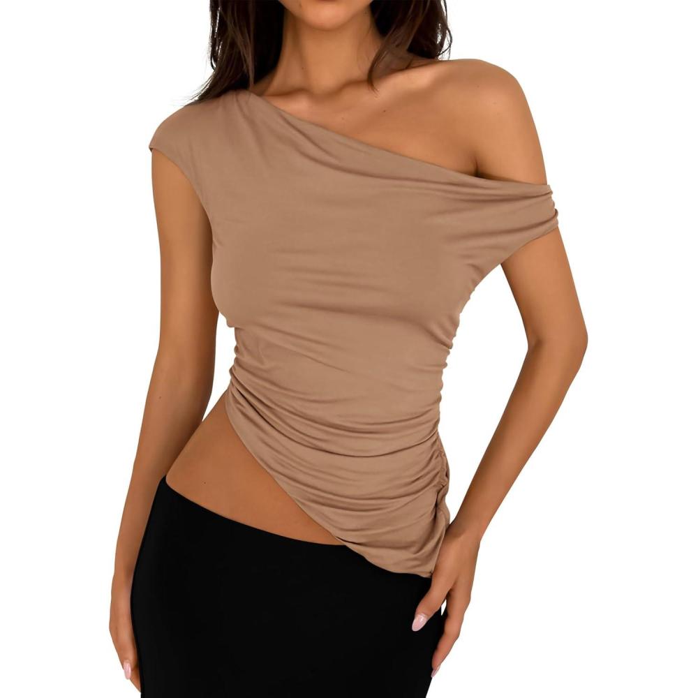 imagePRETTYGARDEN Womens 2026 Summer Off The Shoulder Crop Tops Sleeveless One Shoulder Ruched Asymmetrical Y2K Going Out Tank TopKhaki