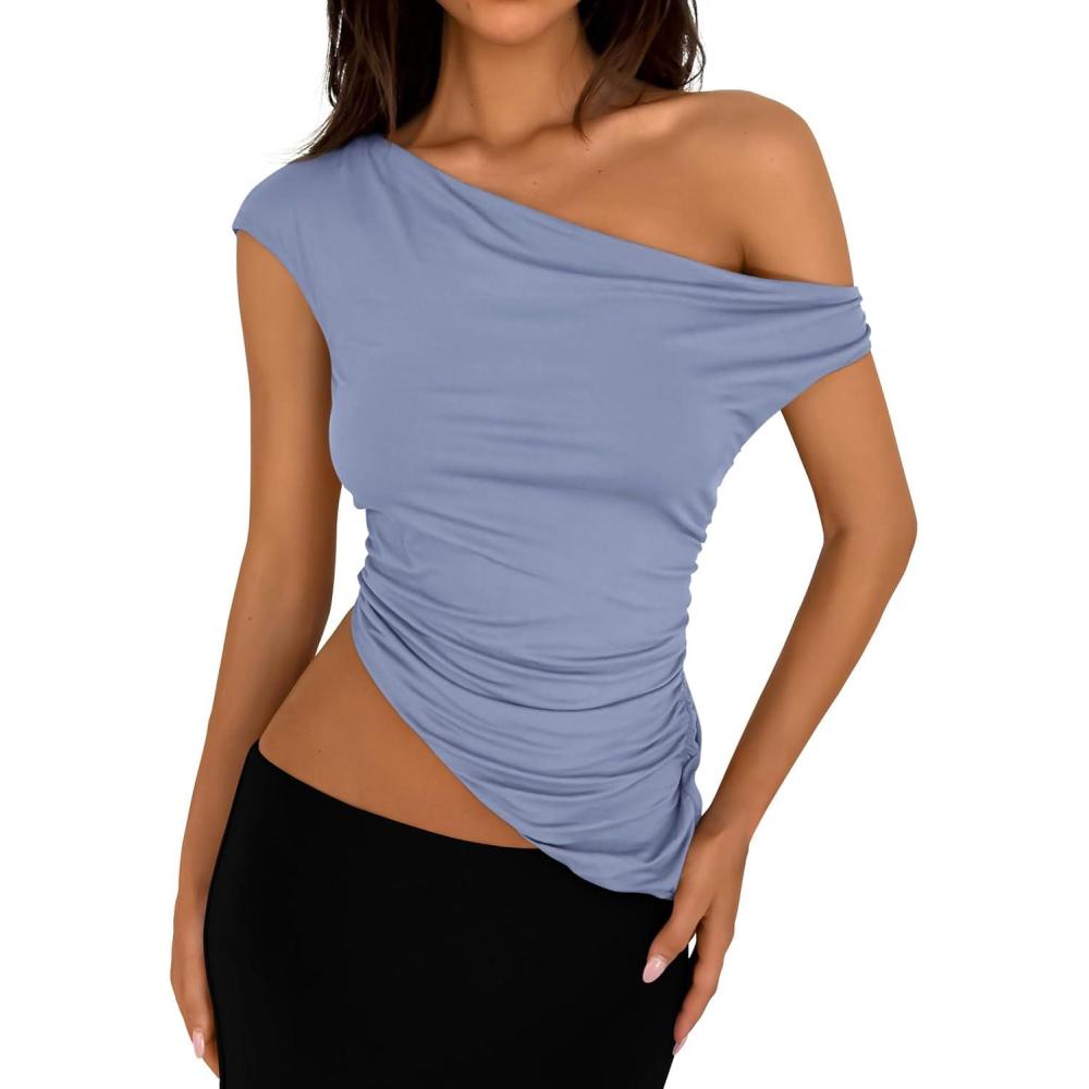 imagePRETTYGARDEN Womens 2026 Summer Off The Shoulder Crop Tops Sleeveless One Shoulder Ruched Asymmetrical Y2K Going Out Tank TopLight Blue