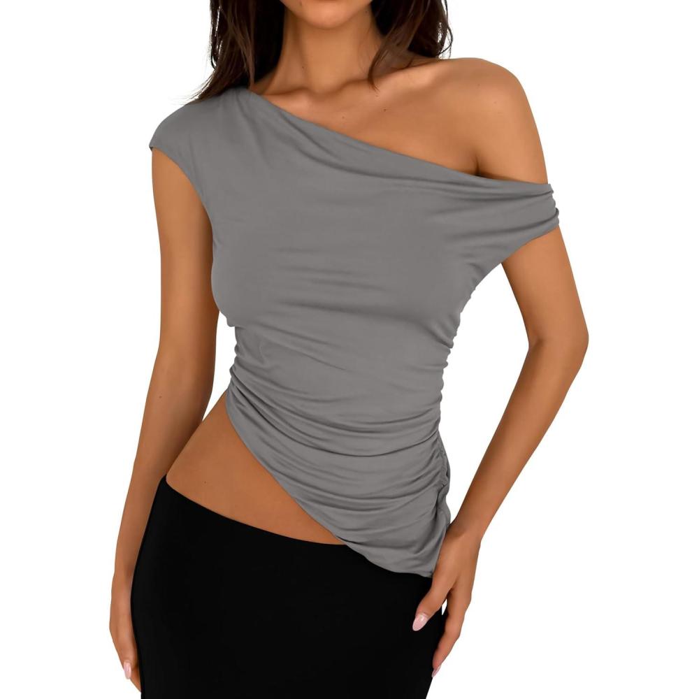 imagePRETTYGARDEN Womens 2026 Summer Off The Shoulder Crop Tops Sleeveless One Shoulder Ruched Asymmetrical Y2K Going Out Tank TopLight Grey