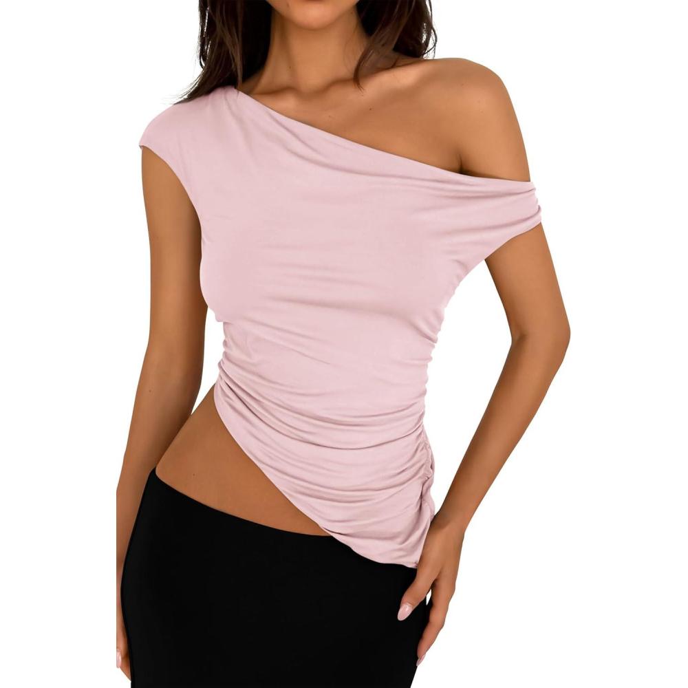 imagePRETTYGARDEN Womens 2026 Summer Off The Shoulder Crop Tops Sleeveless One Shoulder Ruched Asymmetrical Y2K Going Out Tank TopLight Pink