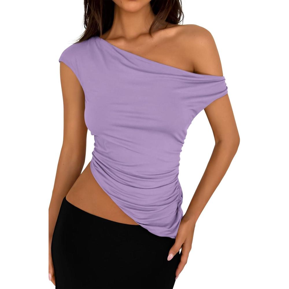 imagePRETTYGARDEN Womens 2026 Summer Off The Shoulder Crop Tops Sleeveless One Shoulder Ruched Asymmetrical Y2K Going Out Tank TopLight Purple