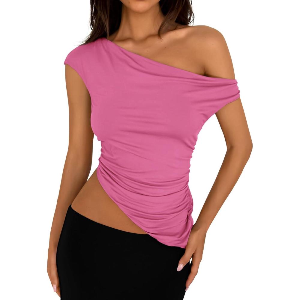 imagePRETTYGARDEN Womens 2026 Summer Off The Shoulder Crop Tops Sleeveless One Shoulder Ruched Asymmetrical Y2K Going Out Tank TopPink
