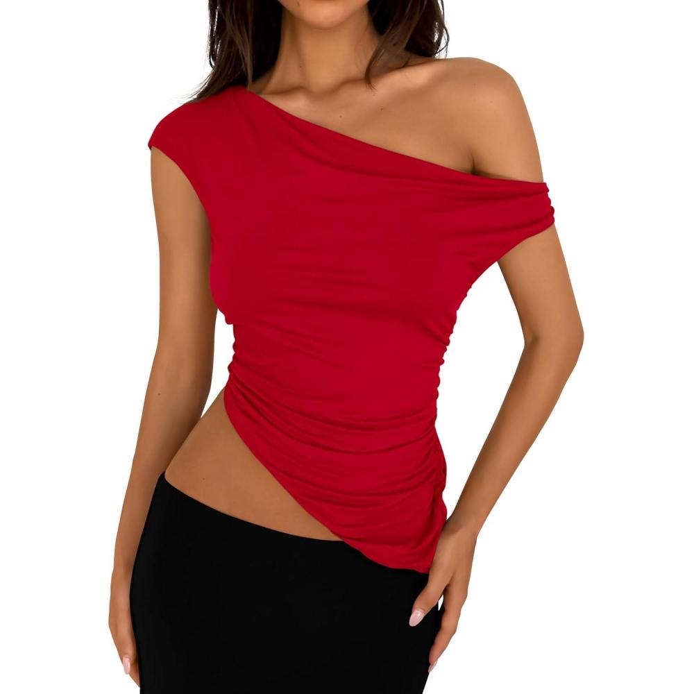 imagePRETTYGARDEN Womens 2026 Summer Off The Shoulder Crop Tops Sleeveless One Shoulder Ruched Asymmetrical Y2K Going Out Tank TopRed