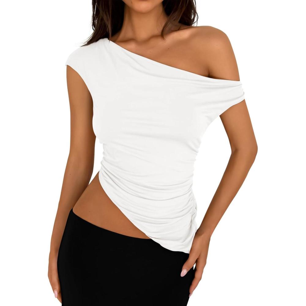 imagePRETTYGARDEN Womens 2026 Summer Off The Shoulder Crop Tops Sleeveless One Shoulder Ruched Asymmetrical Y2K Going Out Tank TopWhite