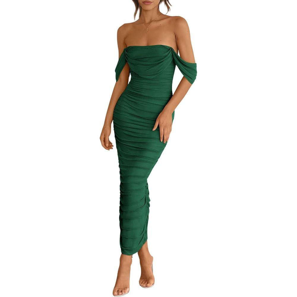 imagePRETTYGARDEN Womens 2026 Summer Off The Shoulder Dress Ruched Bodycon Sleeveless Split Cocktail Party Maxi DressesDark Green