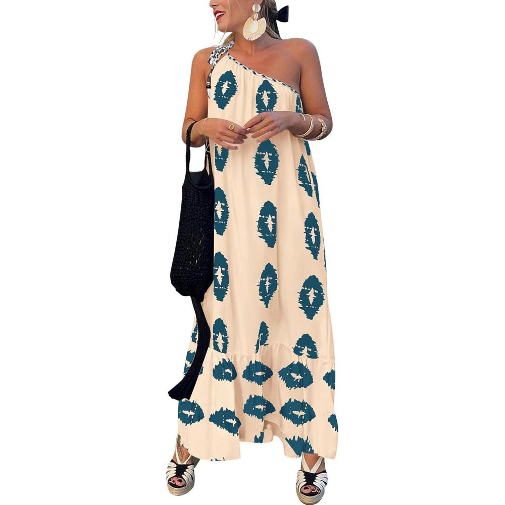 imagePRETTYGARDEN Womens 2026 Summer One Shoulder Maxi Dress Printed Flowy Boho Long Sundresses Spring Beach Vacation ClothesApricot Blue Floral