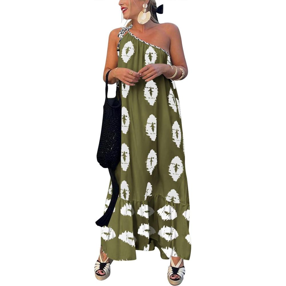 imagePRETTYGARDEN Womens 2026 Summer One Shoulder Maxi Dress Printed Flowy Boho Long Sundresses Spring Beach Vacation ClothesArmy Green White Floral