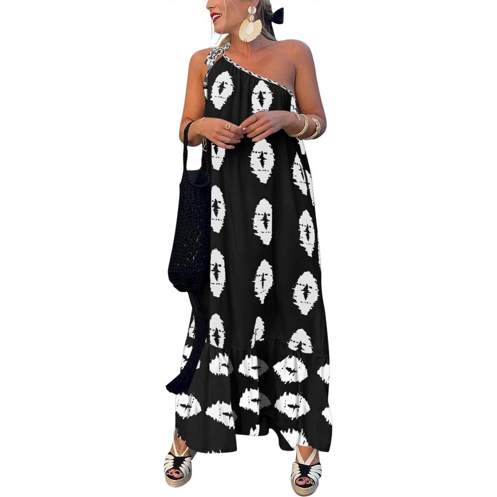 imagePRETTYGARDEN Womens 2026 Summer One Shoulder Maxi Dress Printed Flowy Boho Long Sundresses Spring Beach Vacation ClothesBlack White Floral