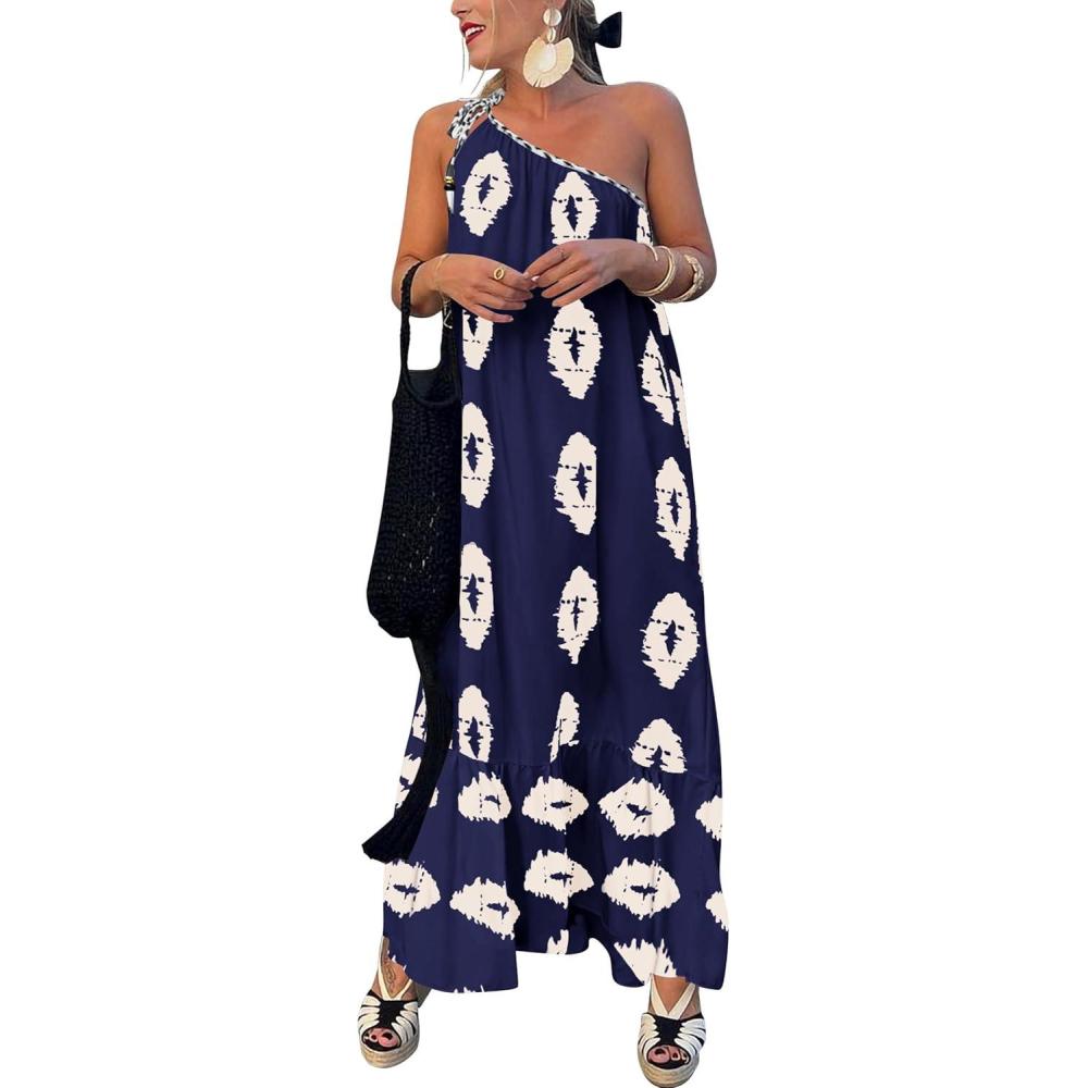 imagePRETTYGARDEN Womens 2026 Summer One Shoulder Maxi Dress Printed Flowy Boho Long Sundresses Spring Beach Vacation ClothesNavy Apricot Floral