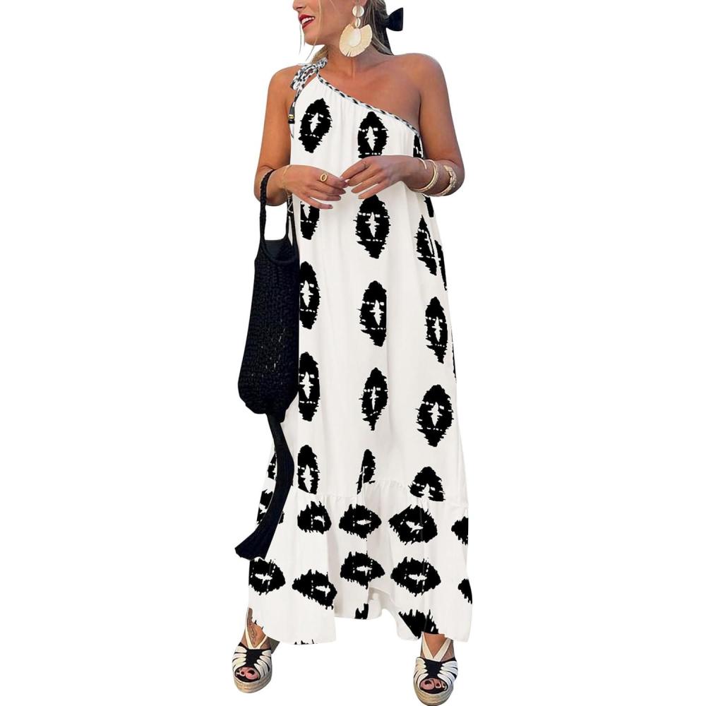 imagePRETTYGARDEN Womens 2026 Summer One Shoulder Maxi Dress Printed Flowy Boho Long Sundresses Spring Beach Vacation ClothesWhite Black Floral