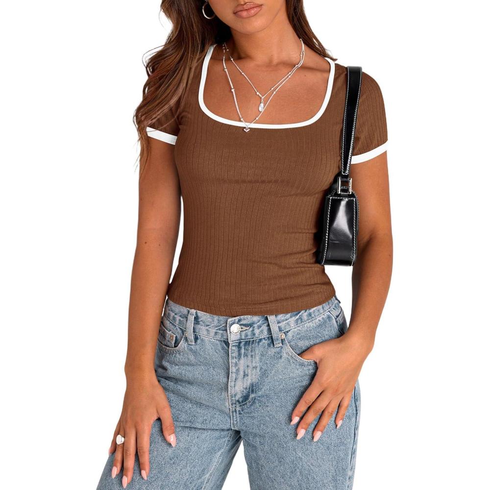 imagePRETTYGARDEN Womens 2026 Summer Short Sleeve Ribbed Knit T Shirts Square Neck Color Block Slim Fit Basic Tees Going Out TopsBrown
