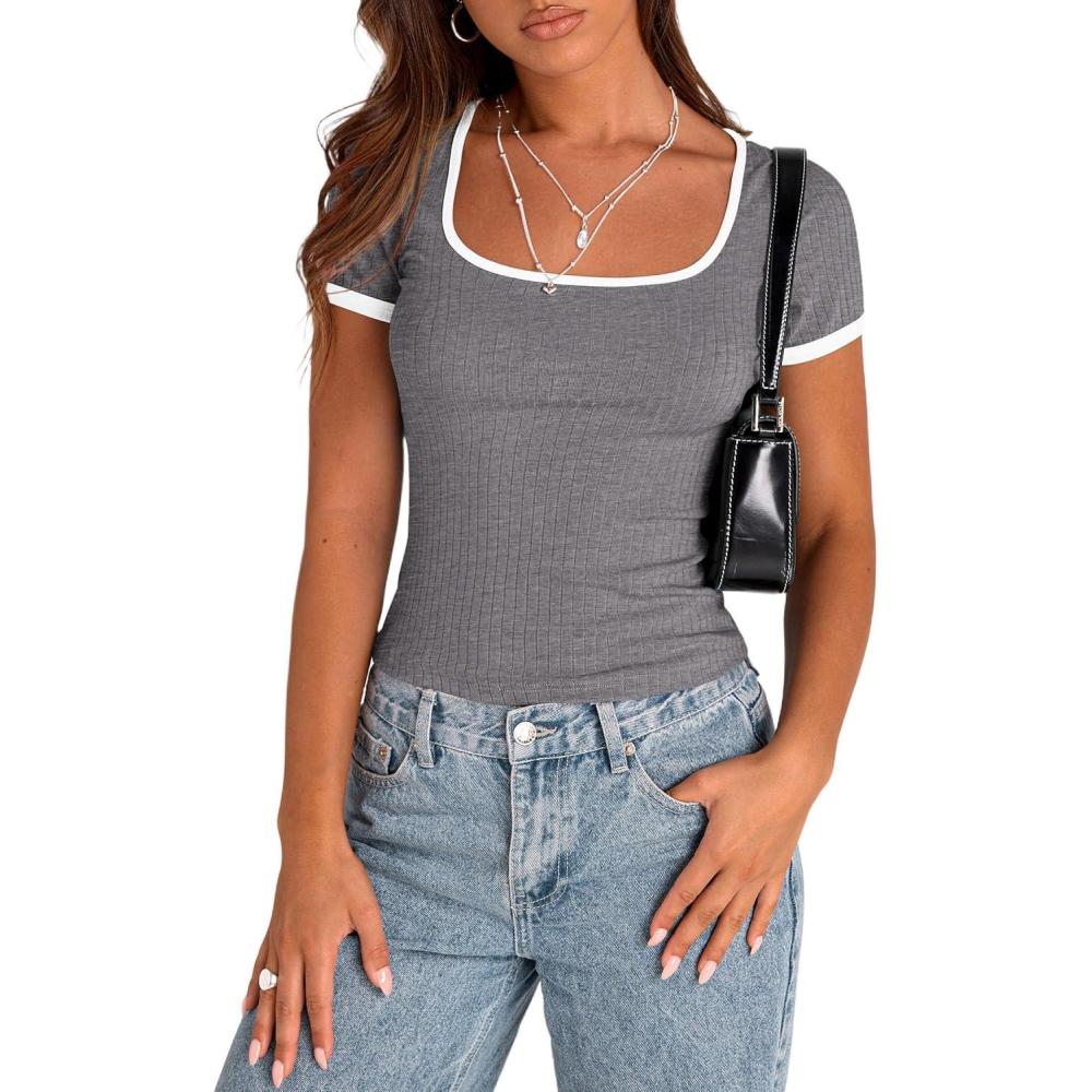 imagePRETTYGARDEN Womens 2026 Summer Short Sleeve Ribbed Knit T Shirts Square Neck Color Block Slim Fit Basic Tees Going Out TopsGrey