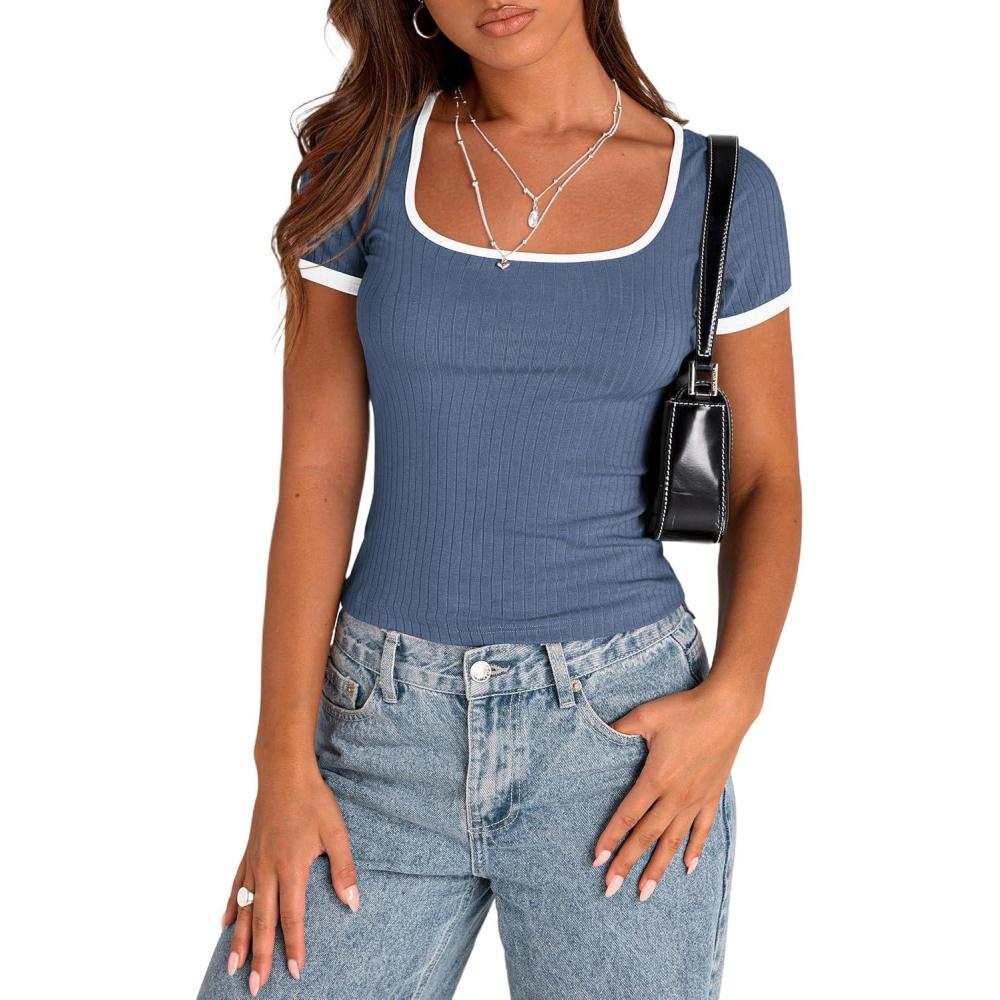 imagePRETTYGARDEN Womens 2026 Summer Short Sleeve Ribbed Knit T Shirts Square Neck Color Block Slim Fit Basic Tees Going Out TopsGrey Blue